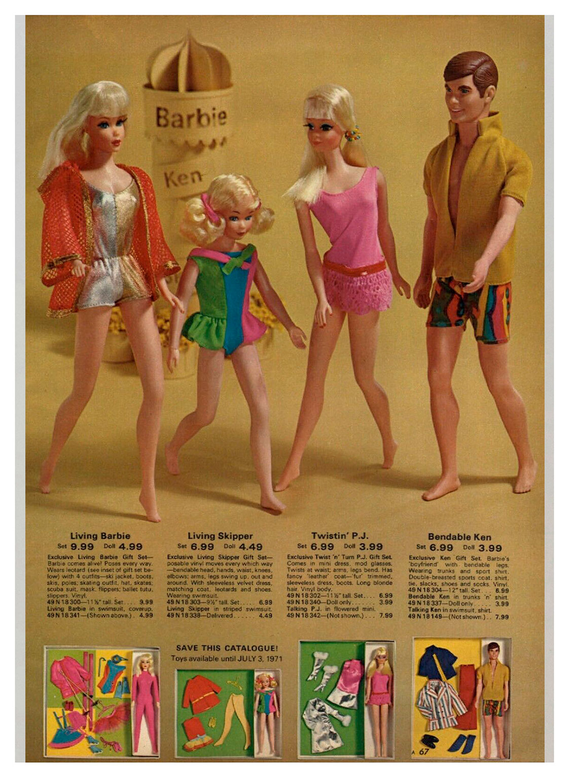 Mod Barbie Dolls and Ken in Braniff Costumes, Montgomery Ward