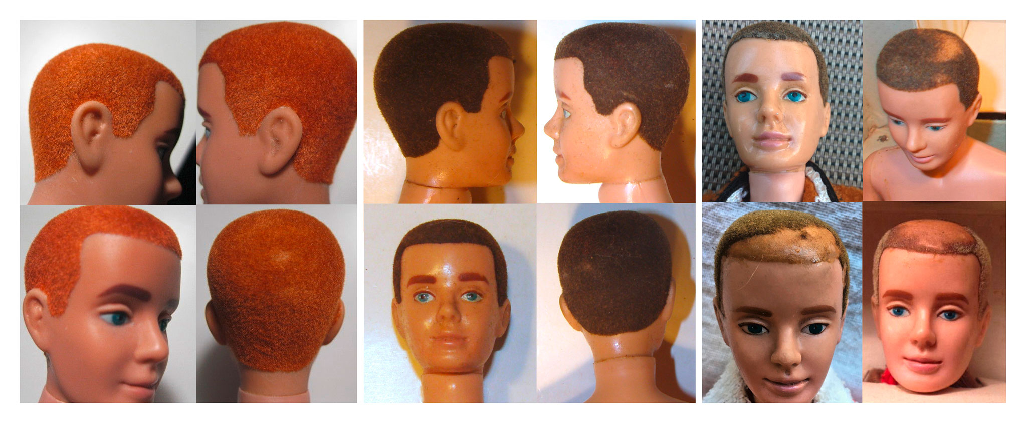 Various flocked hair Kens with unusual hair colours, which are probably just the effects of ageing