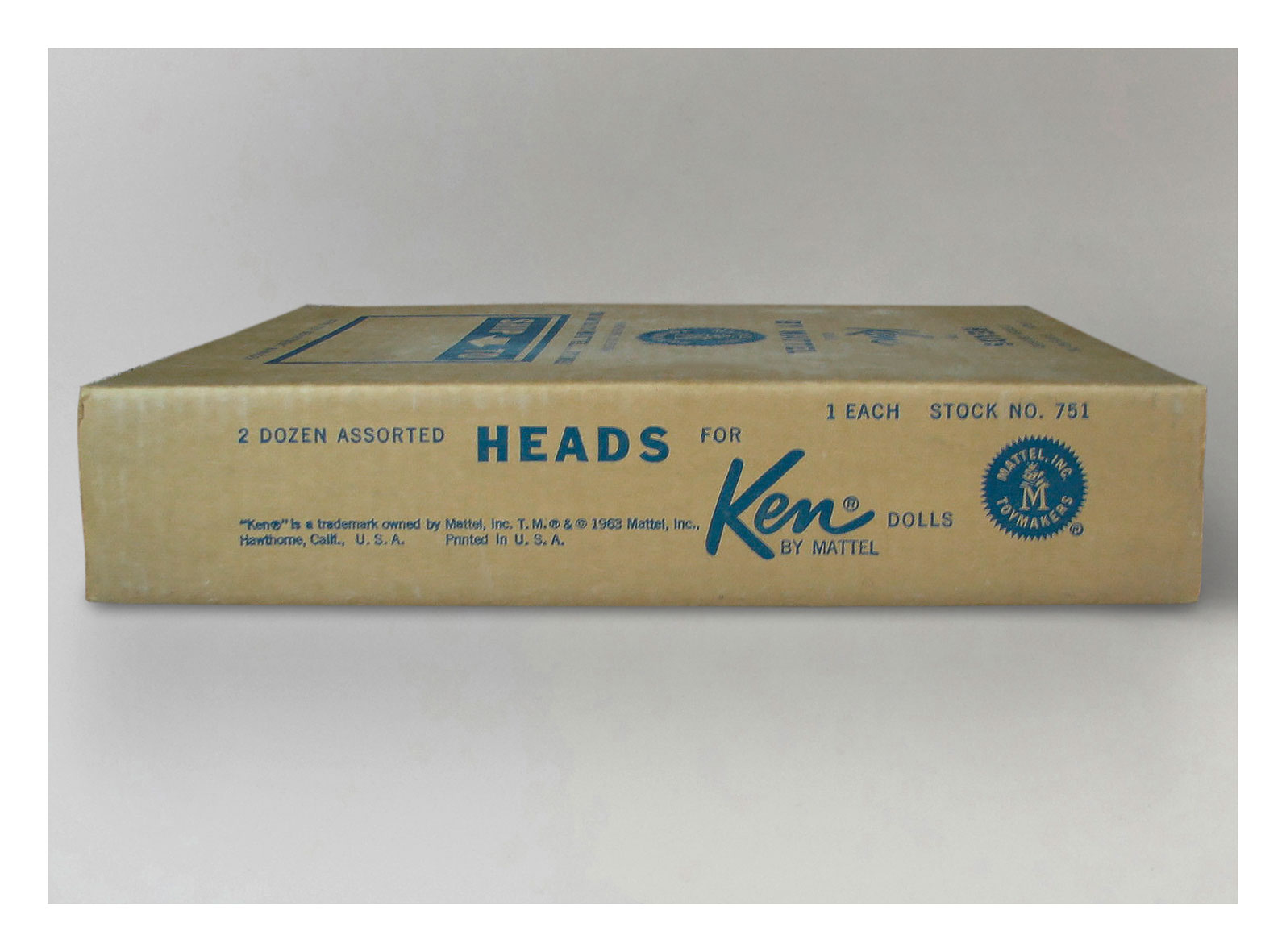 1963 Mattel shipping box containing 24 'shorty' Ken heads