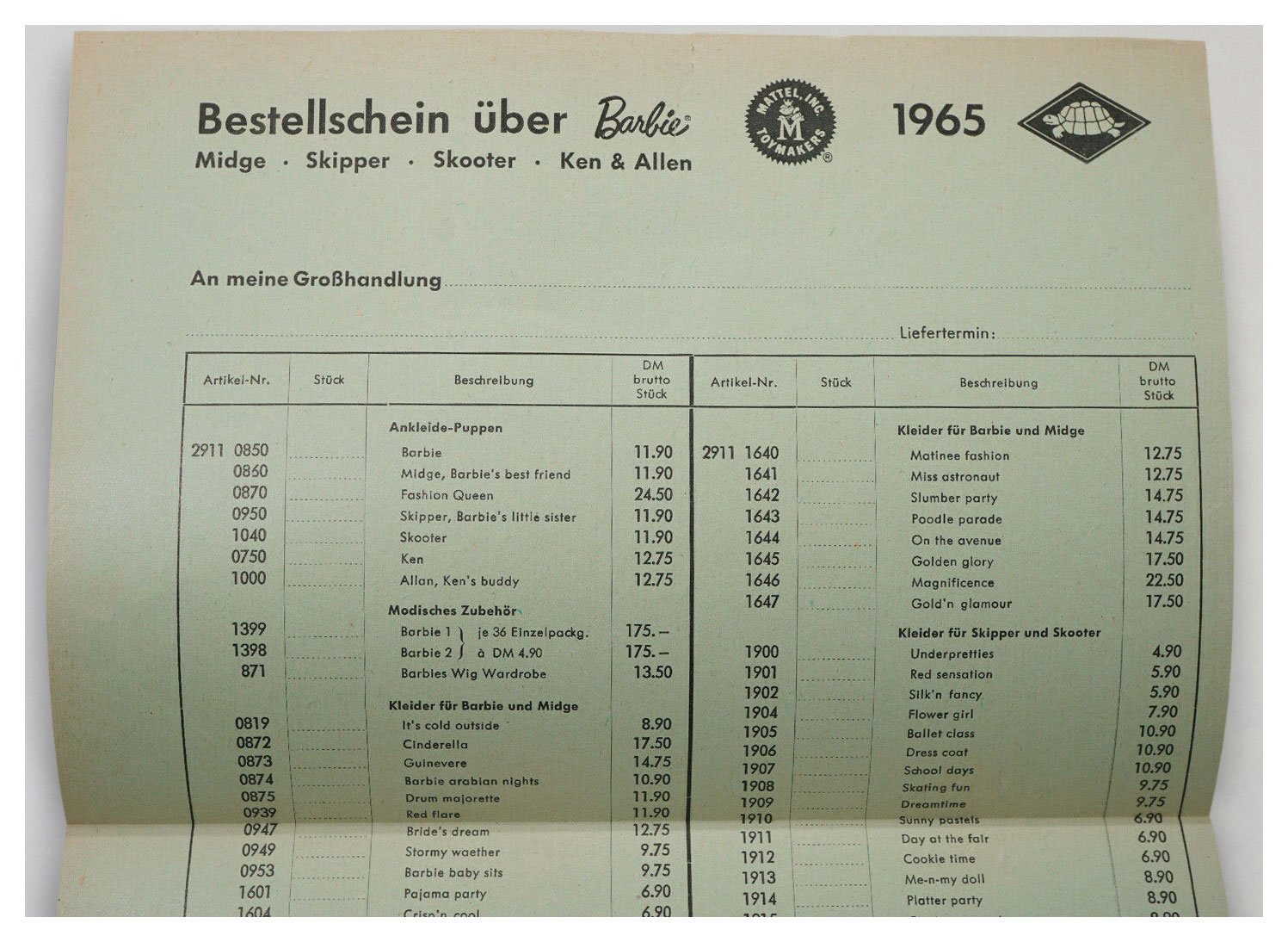 1965 German Mattel retailer order form