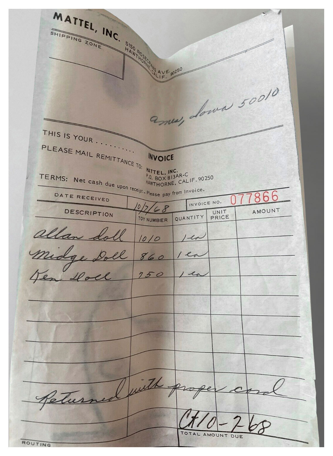 1968 Mattel receipt return form