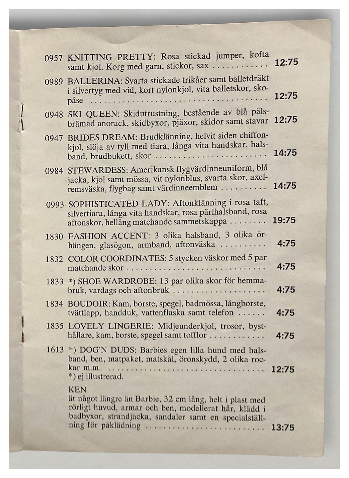 1964 Swedish Nordiska Kompaniet Barbie Shop price list