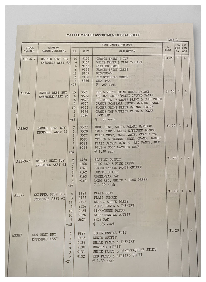 1976 Movin' with Mattel catalogue deal sheet